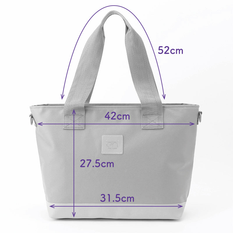 【KEVIN】バッグの正面寸法図。上幅42cm、下幅32cm、高さ28.5cm、マチ12cmのサイズ表示