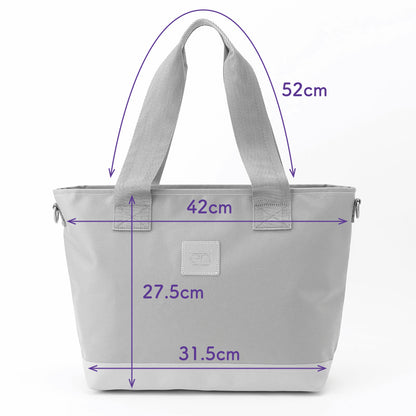 【KEVIN】バッグの正面寸法図。上幅42cm、下幅32cm、高さ28.5cm、マチ12cmのサイズ表示